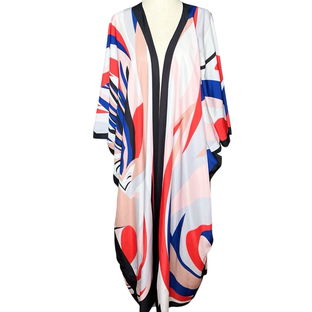 Maxi Duster Caftan Kimono Blue White Red Print Beachy Coverup SZ:OS